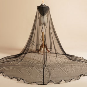 Long Black Hand Made Detachable Sheer Wedding Cloak Cape with Hood - Cathedral Length 300cm.