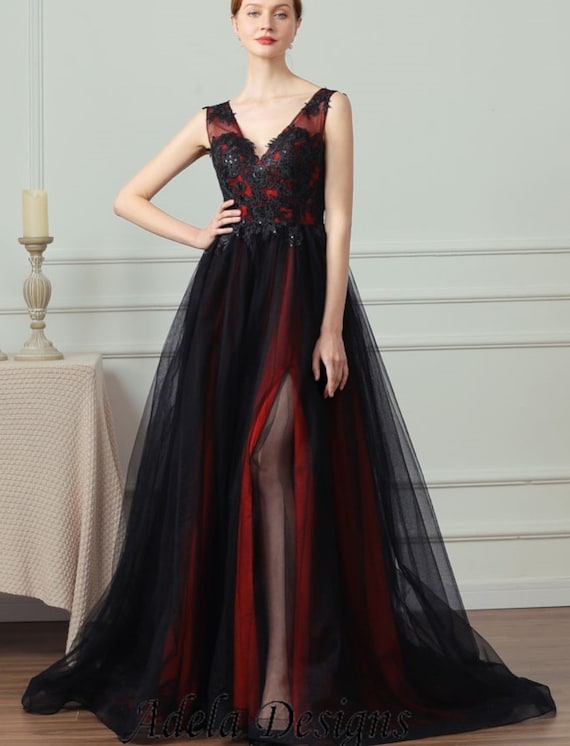 sólido Melodramático blanco como la nieve Vestido de novia gótico negro y rojo de lujo o vestido de - Etsy España