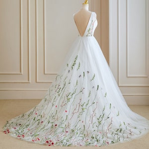 Gorgeous Wedding Dress with Ruched Satin Plunge Bodice, Chiffon Skirt with Unusual Wildflowers
