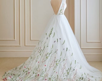 Gorgeous Wedding Dress with Ruched Satin Plunge Bodice, Chiffon Skirt with Unusual Wildflowers