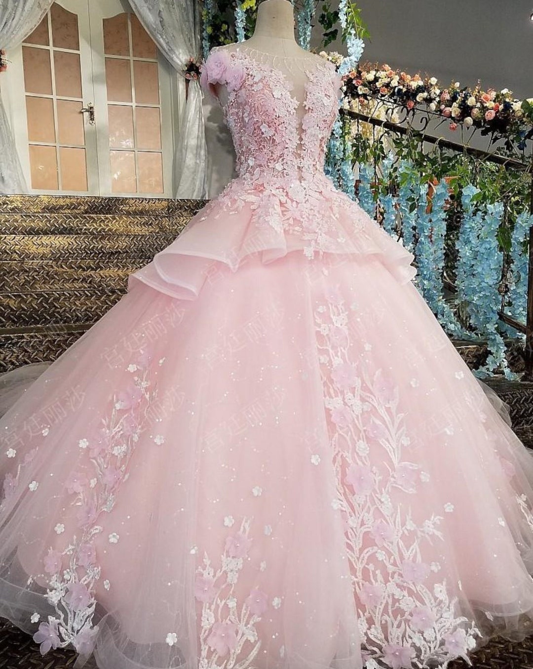 Deluxe Light Baby Pink Ball Gown Wedding or Prom Dress Princess Sparkly With Crystal Lace