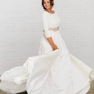 Lovely Soft Thick Satin Ivory or White Wedding Dress Bridal Gown with Low Back & Crystal Sash.