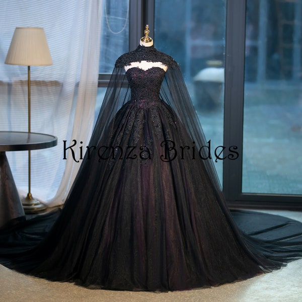 Gorgeous Dark Purple & Black Gothic Wedding Dress With Detachable Beaded Cape