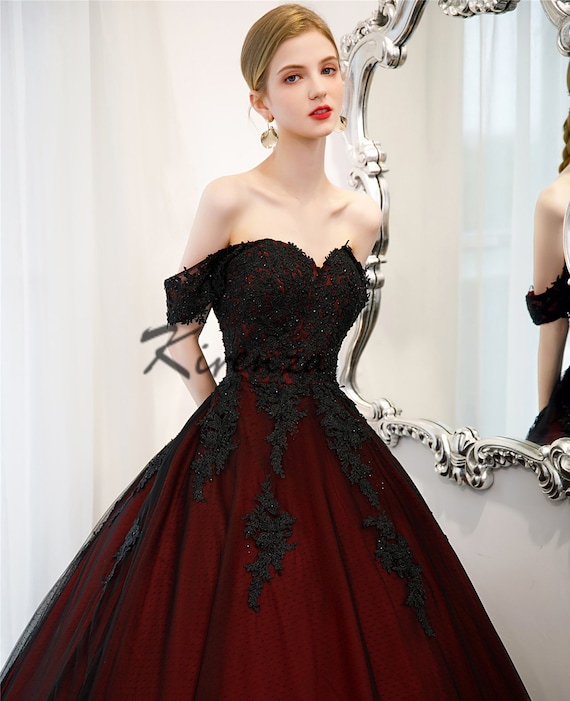 Burgundy Red Black Veiled Ball Gown with Beaded Top – A Lark And A Lady