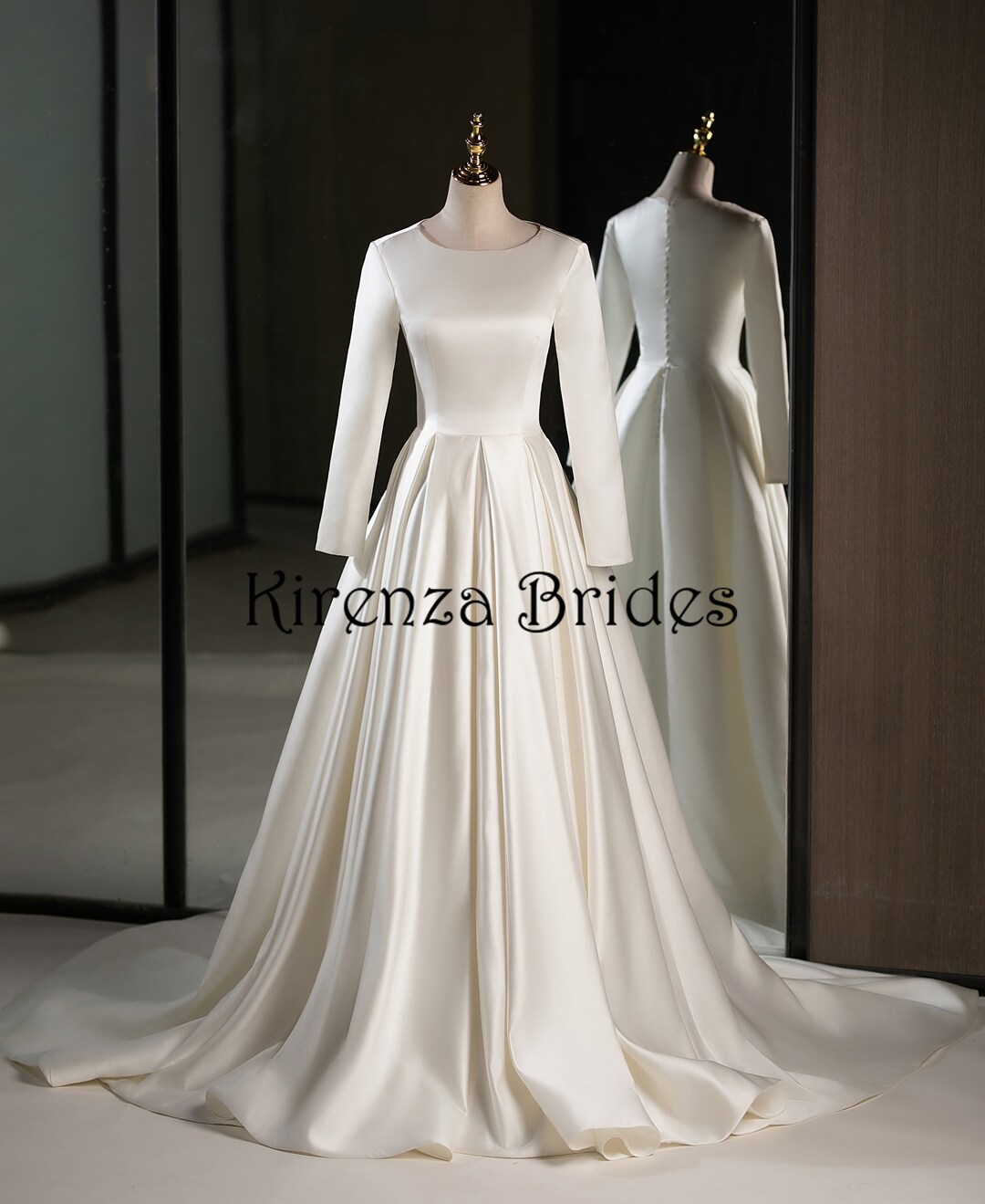 Dark Ivory Simple Plain Satin Wedding Dress With Long Sleeves - Etsy