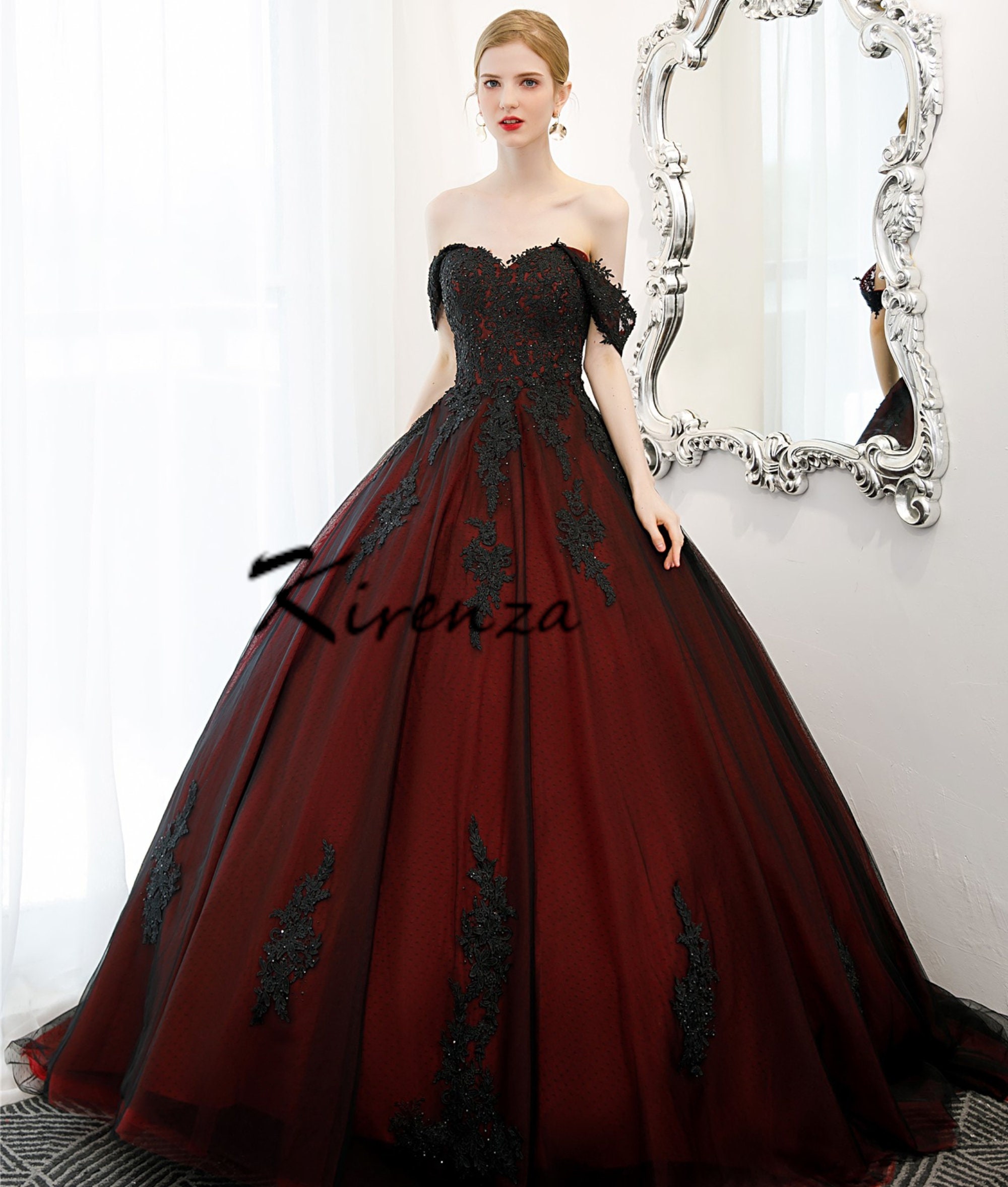 Gothic Ball Gown Wedding Prom Dresses Spaghetti Straps Black Tulle Burgundy  2 at Amazon Women's Clothing store