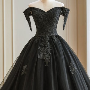 Unusual Black Alternative Wedding Dress with Cold Shoulder Drop Sleeves & Corset Back