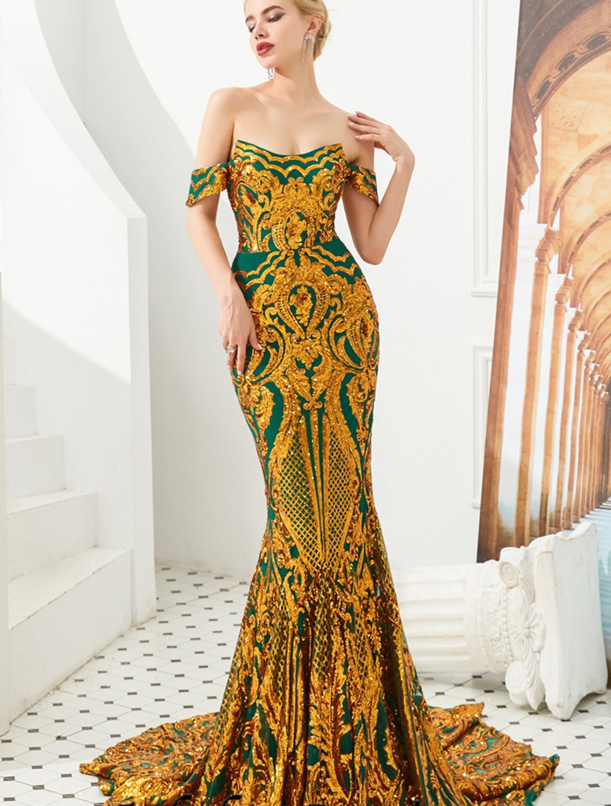 Unusual Gold u0026 Green Mermaid Sheath Dress off Shoulder Prom - Etsy
