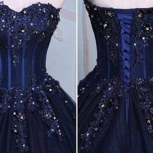 Gorgeous Navy Deep Blue Wedding Ball Gown Evening Dress with Crystal Bead Applique. Choice of Colours!