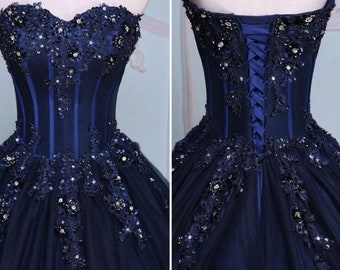 Gorgeous Navy Deep Blue Wedding Ball Gown Evening Dress with Crystal Bead Applique. Choice of Colours!