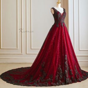 Deluxe Blood Red & Black Lace Alternative Wedding Dress Sequined with Adjustable Corset