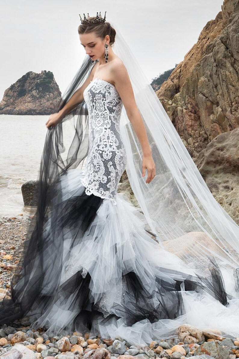 Dramatic Black and White Grey Gothic Wedding Dress or Prom Gown with Ruffles Non Traditional Inc Veil image 3