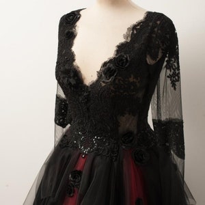 Black and Deep Red Burgundy Gothic Alternative Wedding Dress or Prom Gown with Long Sleeves