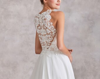 Beautiful Brilliant White or Ivory Wedding Dress or Bridal Gown with Deep V Waist and High Back