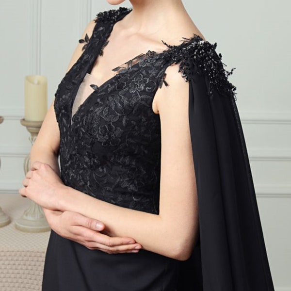 Belle cape de mariage amovible noire ou cape de mariée en tulle suisse doux avec broderie de dentelle