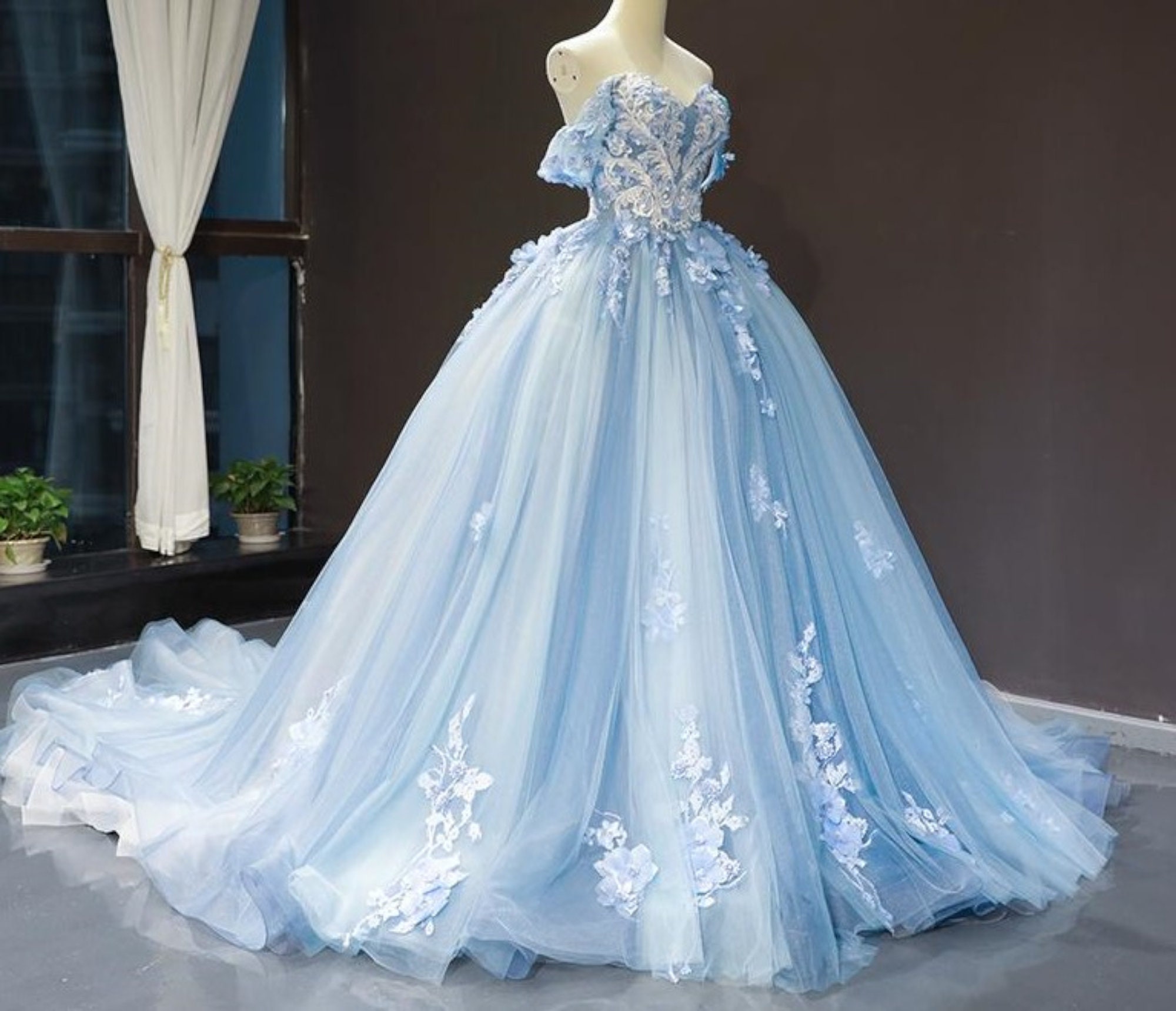 blue white wedding dress