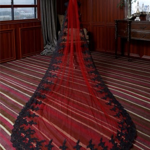 Deluxe Deep Wine Red Black Gothic Cathedral Wedding Veil with Lace Applique & Comb Included - 300x150cm