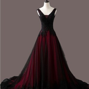 Stunning Wine Red & Black Gothic Alternative Wedding Dress with Lace Up Corset Back