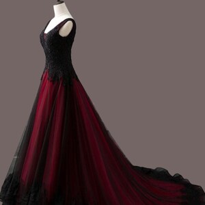 Stunning Wine Red & Black Gothic Alternative Wedding Dress with Lace Up Corset Back