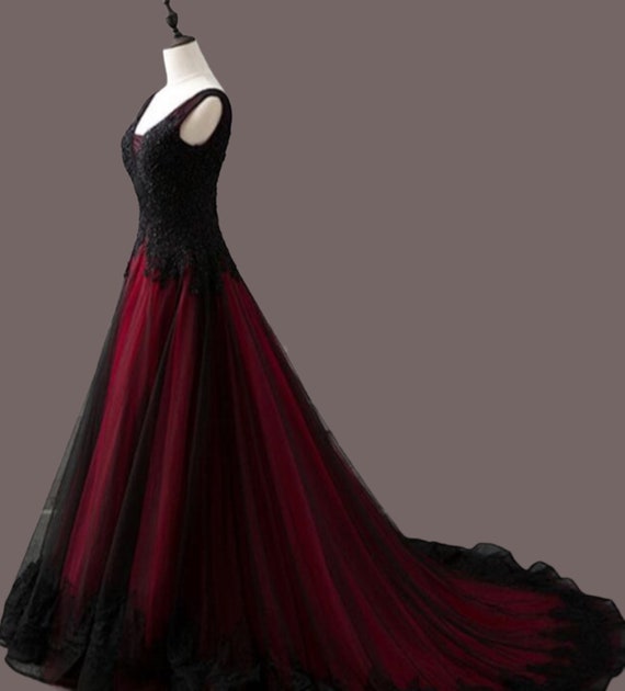 Deluxe Dark Wine Red Burgundy & Black Ball Gown Goth Wedding Dress With  Included Petticoat - Etsy
