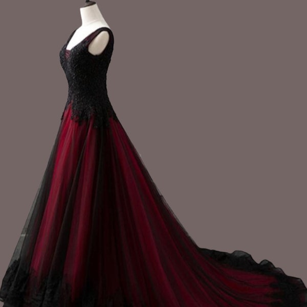 Stunning Wine Red & Black Gothic Alternative Wedding Dress with Lace Up Corset Back