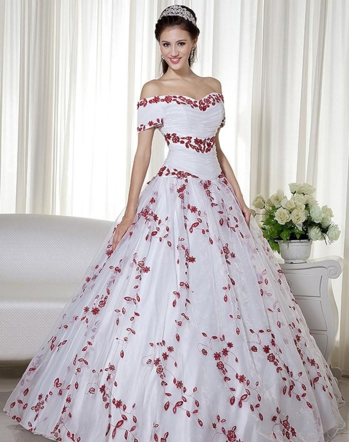 Magnificent White with Red Roses Princess Wedding Dress Bridal | Etsy