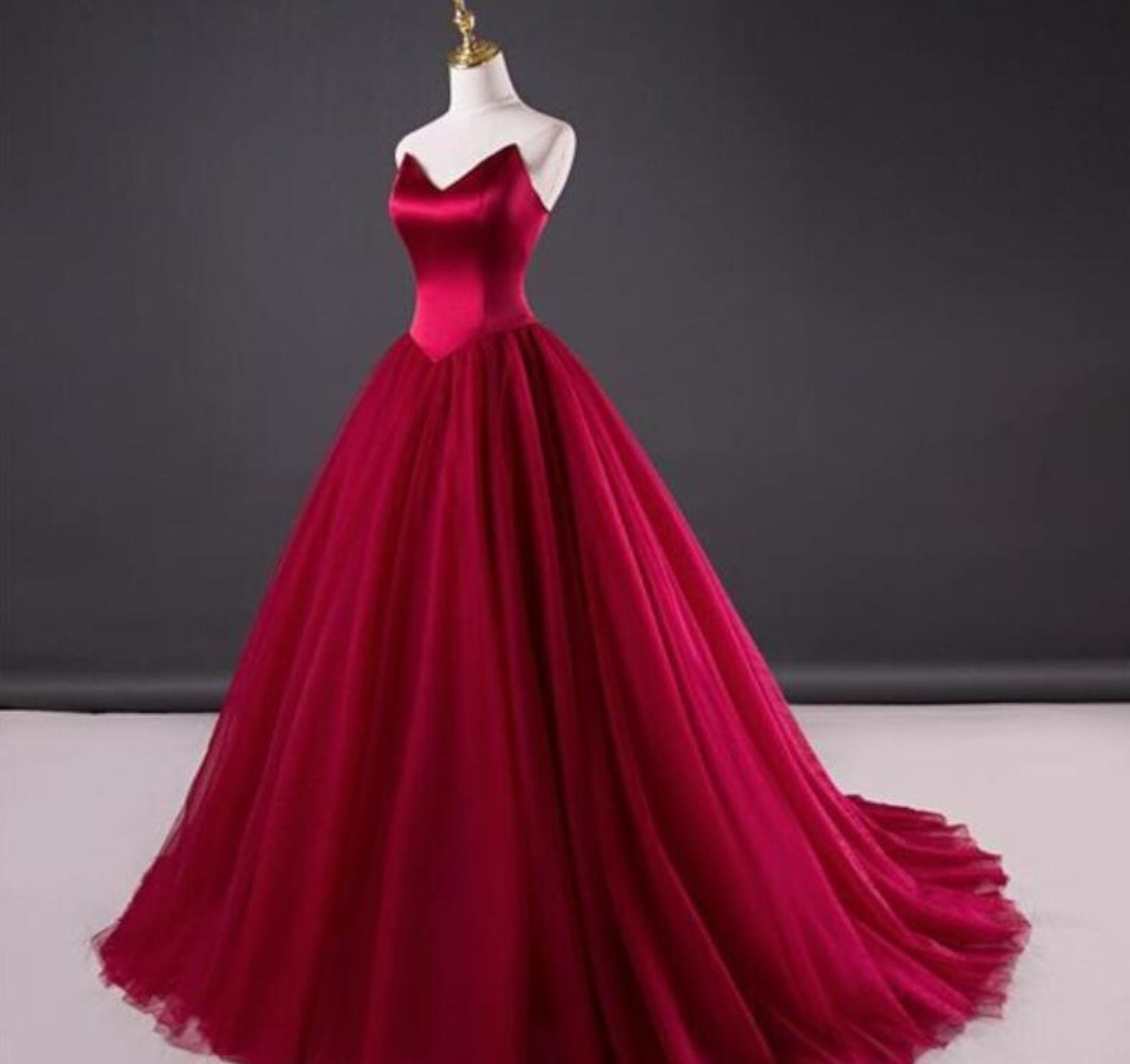 Red Off the Shoulder Lace Top Ball Gown Wedding Dress With Long Sleeves