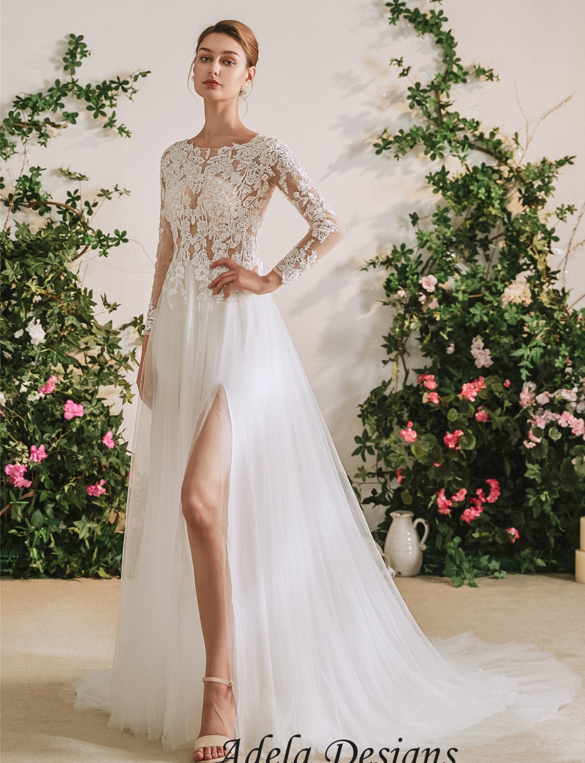 Beautiful Lace Tulle Boho Luxury Wedding Dress With Sexy Thigh - Etsy