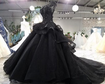 Dramatic Deluxe Black Victorian Gothic Court Wedding Ball Gown or Bridal Dress. Hooped Petticoat & Luxury Veil Included