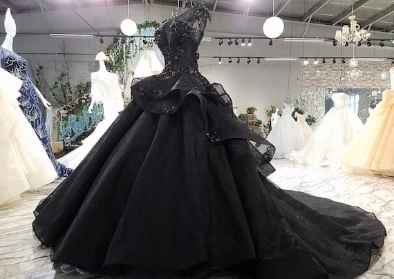 Black Wedding Dresses Gothic Ball Gown Off the Shoulder Bridal Dress –  MyChicDress