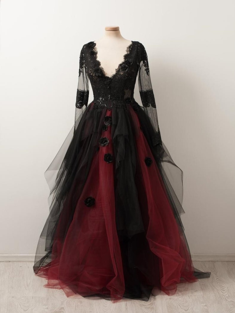 Black and Deep Red Burgundy Gothic Alternative Wedding Dress image 1