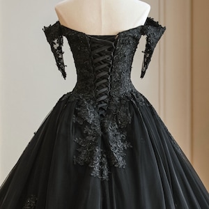 Unusual Black Alternative Wedding Dress with Cold Shoulder Drop Sleeves & Corset Back