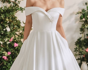 Mikado Silk White or Ivory Wedding Dress, Portrait Off Shoulder with Pearl Button Back and Pockets!