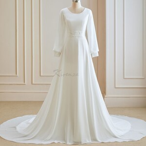 Simple Modest White or Ivory Satin Wedding Dress with Long Sleeves and Full Length Silk Button Back