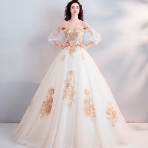 Stunning Princess White and Gold Filigree Wedding Gown or Bridal Dress with Off Shoulder Corset Top & Flutter Sleeves