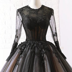 Black & Champagne Gothic Modest Ballgown Wedding Dress with Ribbed Corset