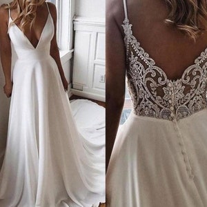 Simple Lightweight Satin White or Ivory Summer Wedding Dress with Deep V, Spaghetti Straps & Low Crystal Lace Back