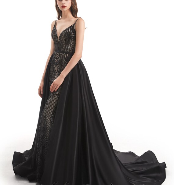 Black Goth Mermaid Wedding Dress or Prom Gown With Detachable