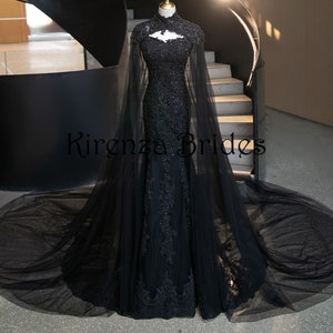 Beautiful Black Fitted Mermaid Wedding Dress with Corset Back, Deluxe Beading & Detachable Cape