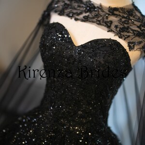 Sparkly Black Gothic Fairy Wedding Dress, Glitter Tulle with Corset Back & Detachable Cape