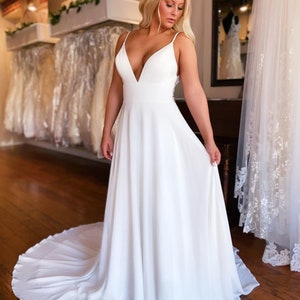 Lightweight Satin White or Ivory Wedding Dress with Spaghetti Straps & Low Crystal Lace Back