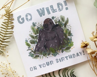 Jungle Birthday Card | Gorilla Go Wild On Your Birthday! Eco Friendly Card Pack | Illustrated Animal Themed Card | Handmade Recycled Cards