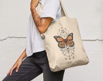 Monarch Butterfly Tote Bag | Eco Friendly Organic Cotton Shoulder Bag | Insect Bug Floral Botanical Mandala Gift Idea