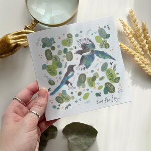 two for joy... Magpie Card Neutral Birthday Celebration Card Wildlife Botanical Birds Eco Friendly Recycled Square Card Handmade Art image 2