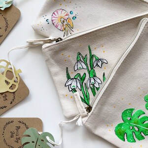 Organic Cotton Zip Pouches | Hand-Painted Accessory Bag | Eco Friendly Sustainable Fashion | Nature lover Gift Idea