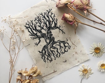 Yggdrasil ‘Tree of Life’ Print | Lino Print | Tree Print | Botanical Print | Norse Mythology World Tree | Handmade Gift and Home Decor