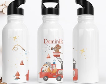 Trinkflasche mit Strohhalm /  Wasserflasche Feuerwehr Feuerwehrmann  / personalisiert / Kinder Geschenk