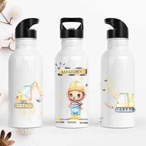 Gourde avec nom / voiture de chantier lion / gourde pour enfants avec paille / bager / chantier de construction