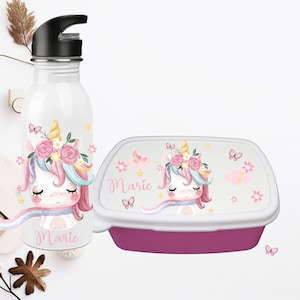 Bouteille personnalisée / bouteille en acier inoxydable / licorne arc-en-ciel / boîte à lunch bouteille maternelle