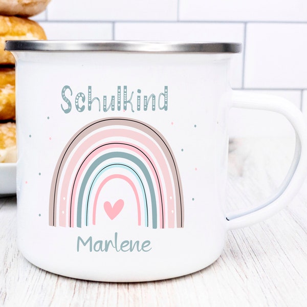 Emaille Tasse Einschulung, Regenbogen, Tasse Kinder Schulkind , Mädchen,